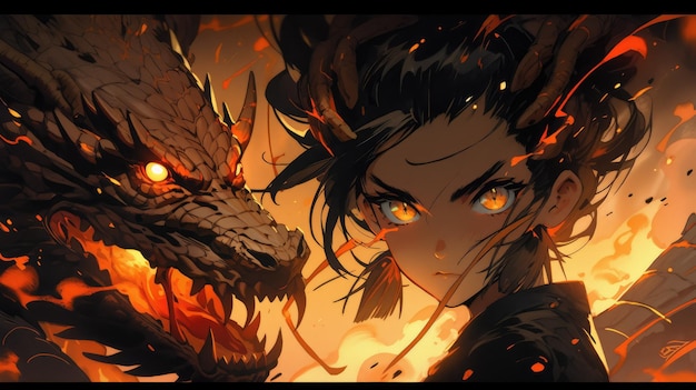 an anime and dragon in orange