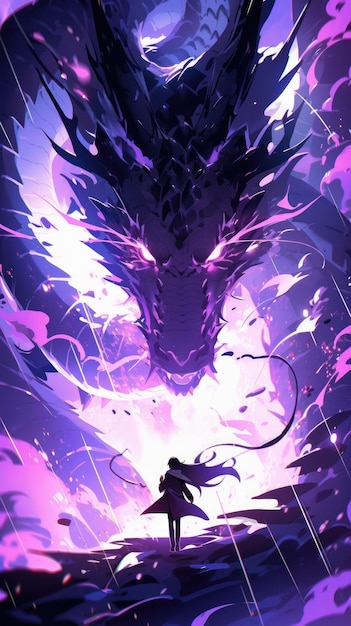 an anime and dragon in purple