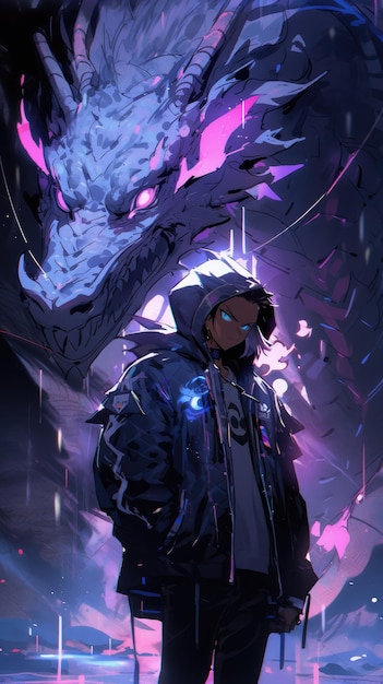 an anime and dragon in purple