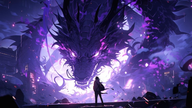 an anime and dragon in purple