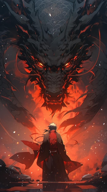 an anime and dragon in red