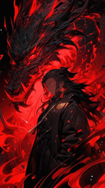 an anime and dragon in red