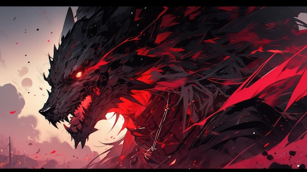 an anime and dragon in red