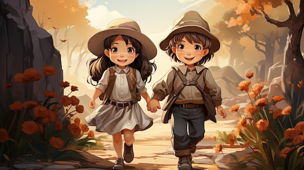 Anime drawing of a boy and a girl holding hands walking down the street happy