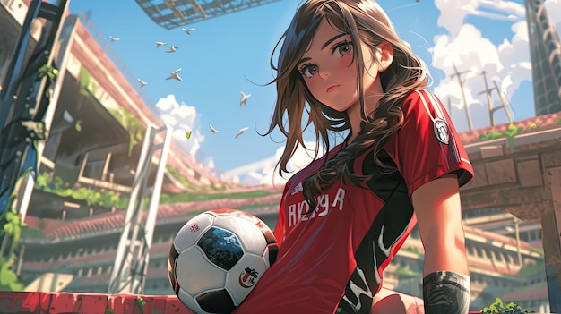 アニメのエレガンスとサッカーの情熱がデジタルアートで出会う日本のカワイイ女の子