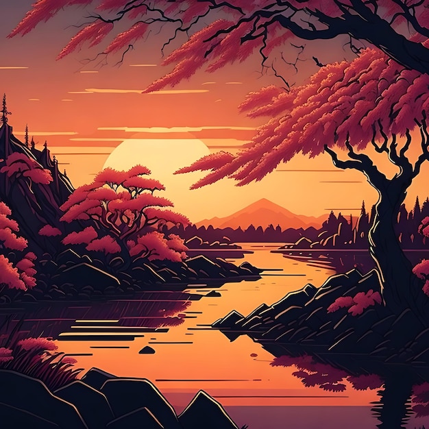 Anime Fantasy Forest Japanese manga style Sunset scene with a river and spring trees generative AI