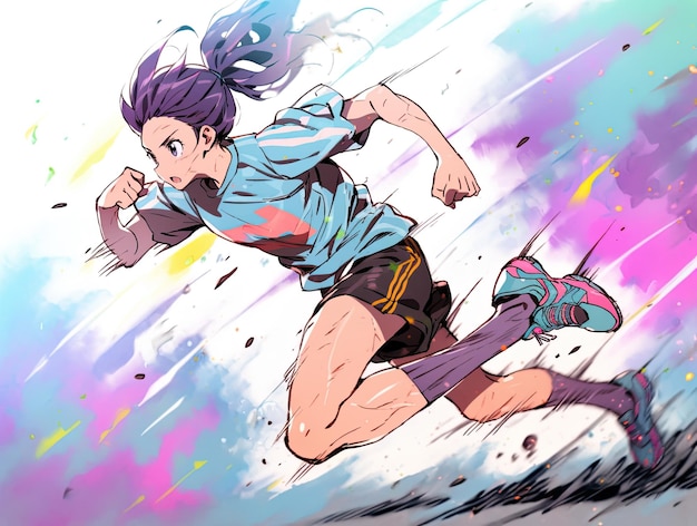 Photo anime female soccer player running manga style