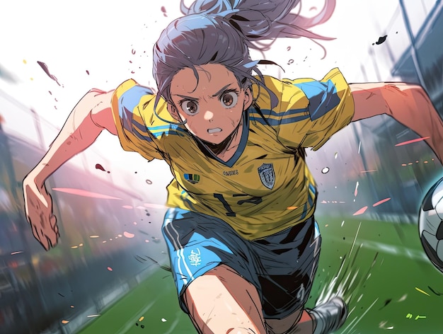 Anime female soccer player running manga style