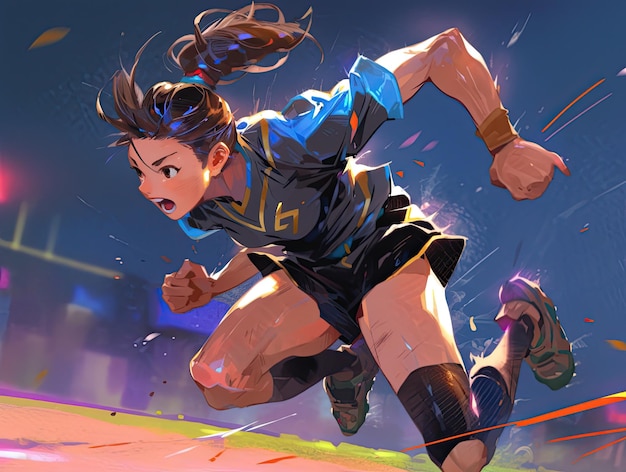 Photo anime female soccer player running manga style
