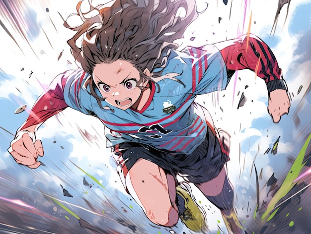 Photo anime female soccer player running manga style
