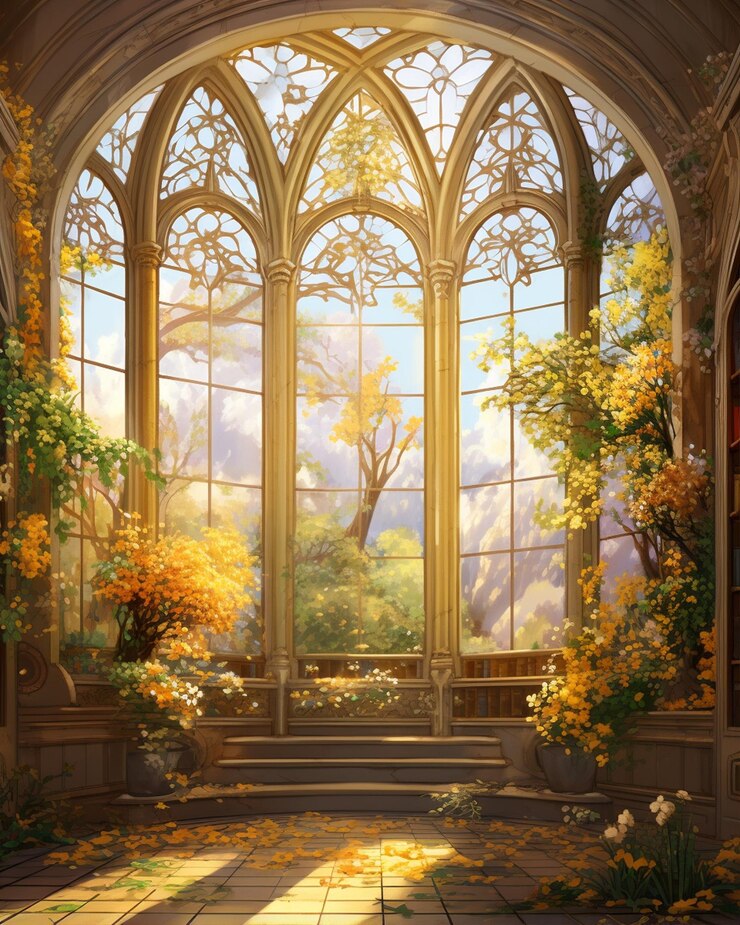 大きな窓のあるアニメの花の部屋の画像