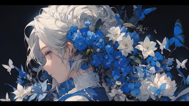 Foto un anime e un fiore in blu