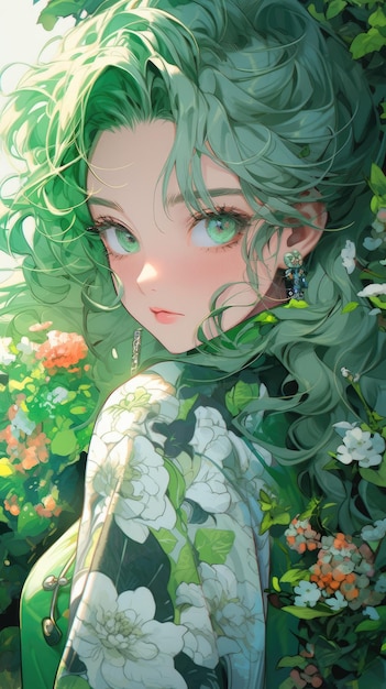 an anime and flower in green