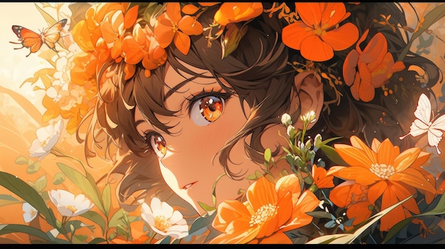 an anime and flower in orange