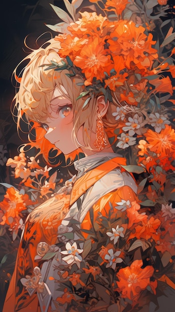 an anime and flower in orange