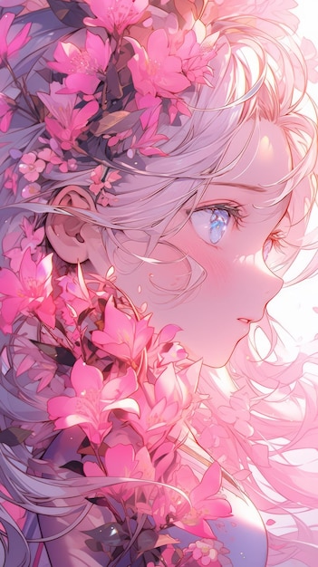 an anime and flower in pink