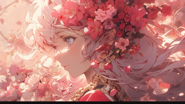 an anime and flower in pink