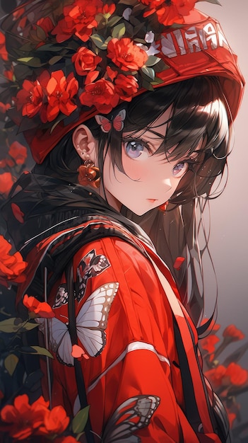 an anime and flower in red