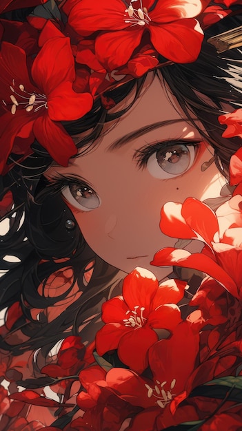 an anime and flower in red