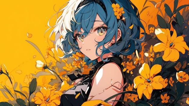 an anime and flower in yellow