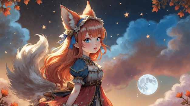 anime fox girl under the moonlight