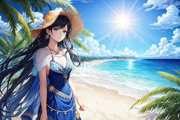 Anime girl on the beach