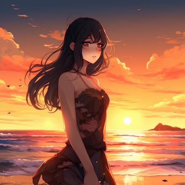 Anime girl on the beach