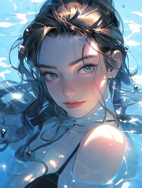 anime girl in a black bikini in a pool with water generative ai