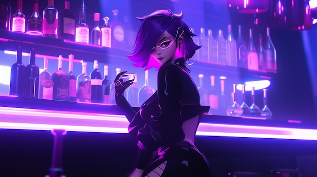 Anime girl in a black dress standing in front of a bar generative ai