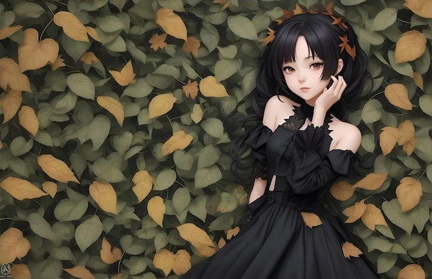 A anime girl in a black dress with leaves generative ai