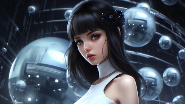 anime girl black hair and white dress futuristicGenerative AI