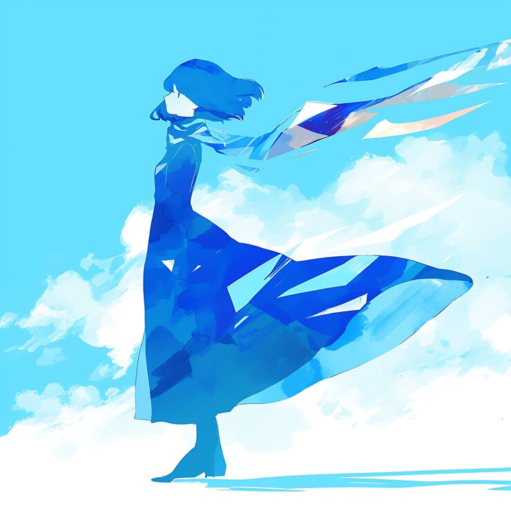 青いドレスを着たアニメの女の子がカイトで空を飛んでいます