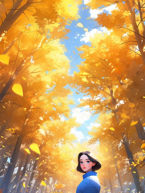 anime girl in blue dress standing in a forest with yellow leaves generative ai