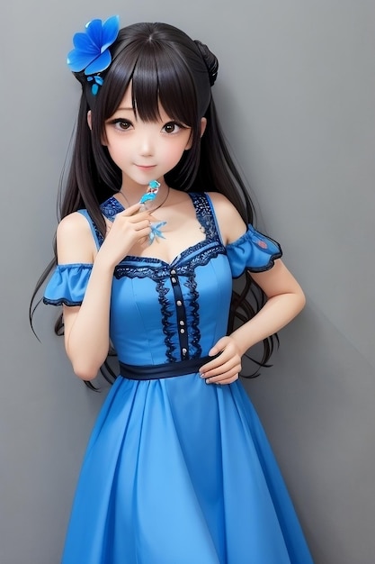 Anime girl in a blue dress with a flower