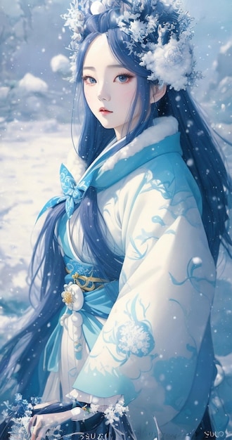 Anime girl in a blue dress with a white scarf and blue hair