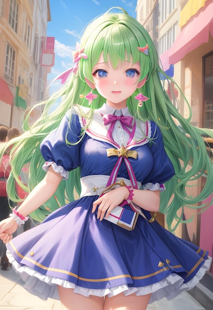 Anime girl in blue skirt looking at camera green hair