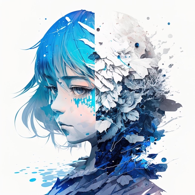 Anime girl in blue on white background painted portrait of teen illustration generative AI