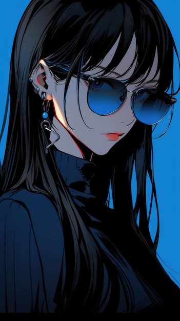 an anime girl in blue with sunglasses