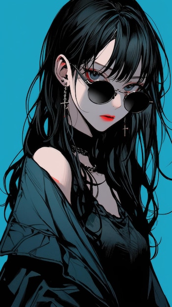 an anime girl in blue with sunglasses