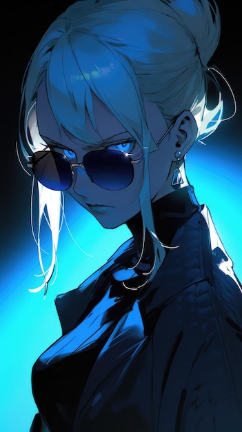 an anime girl in blue with sunglasses