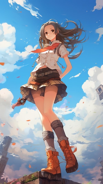 Photo anime girl in boots in the air with clouds behind her generative ai