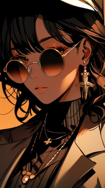 an anime girl in brown with sunglasses