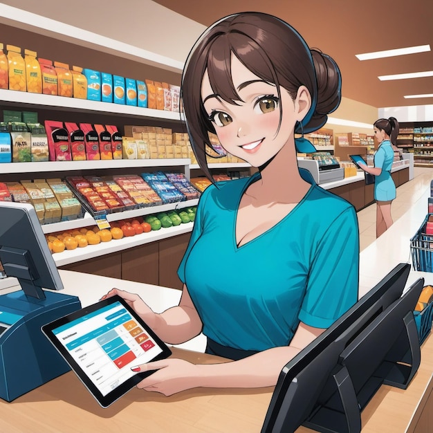 Photo anime girl at a cashier with a tab