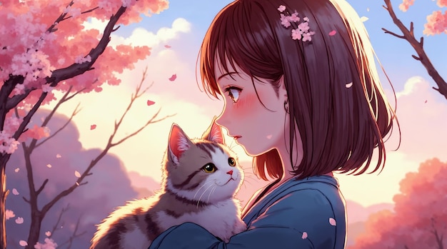 anime girl and cat in cherry blossom season