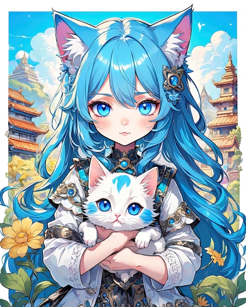 애니메이션 소녀 고양이 귀여운 벽지
