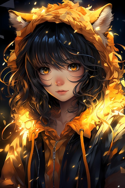 金色のジャケットを着たアニメの女の子猫可愛いイラスト