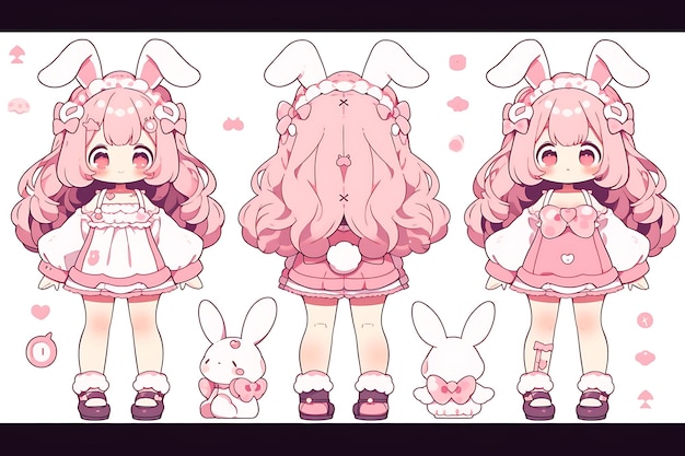 Photo anime girl character design turnaround sheet cute kawaii fashion style anime character model