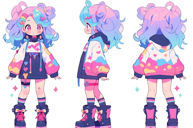 Anime Girl Character Design Turnaround Sheet Cute Kawaii Fashion Style Anime Character Model