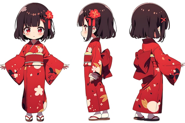 Photo anime girl character design turnaround sheet cute kawaii fashion style anime character model