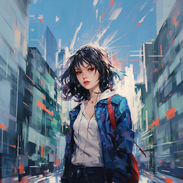 anime girl in a city with a backpack and a backpack generative ai